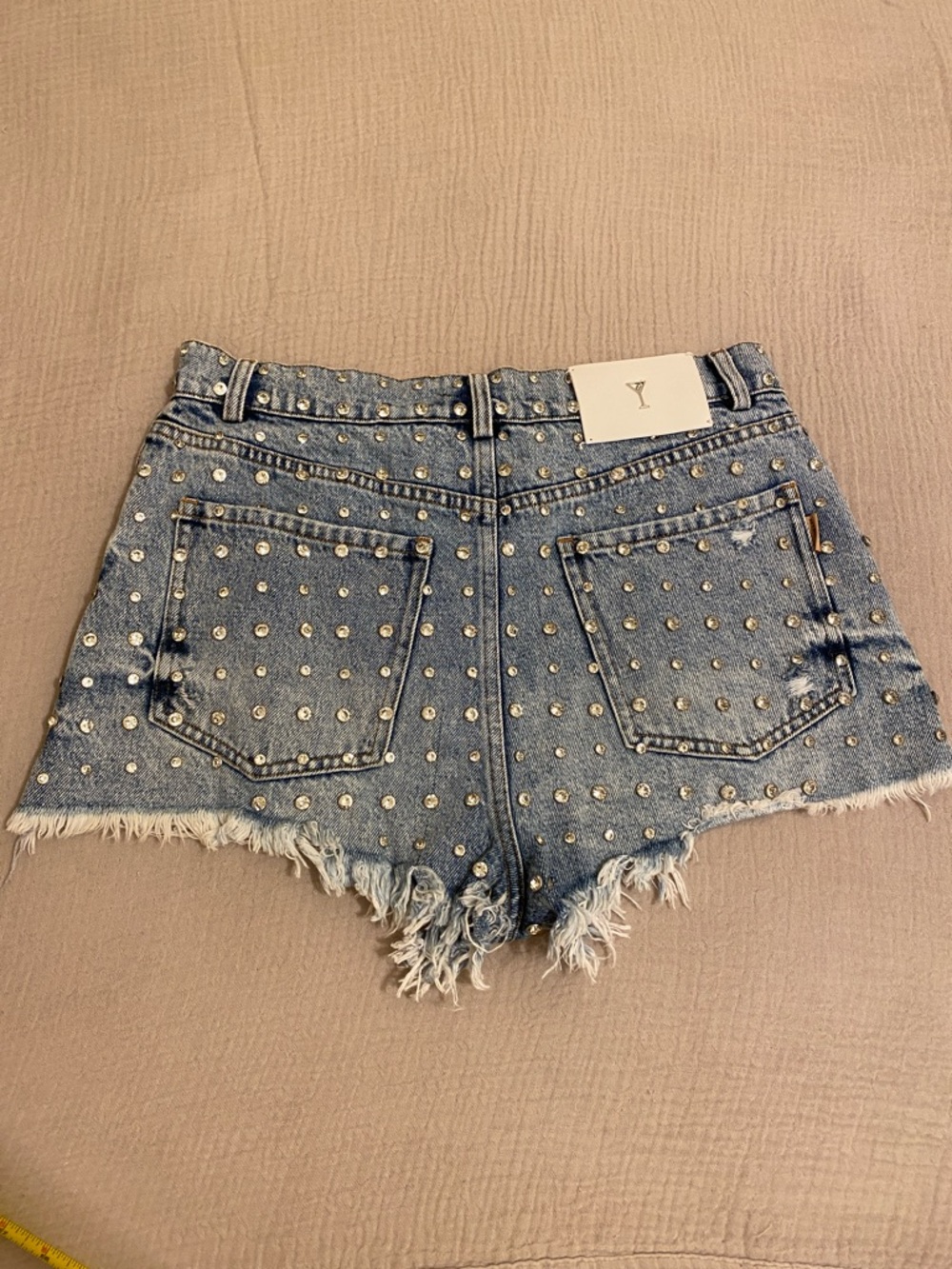 RETROFETE ANGEL EMBELLISHED DENIM SHORT Studded Distressed Denim - Blue. Size 28 - Picture 11 of 15